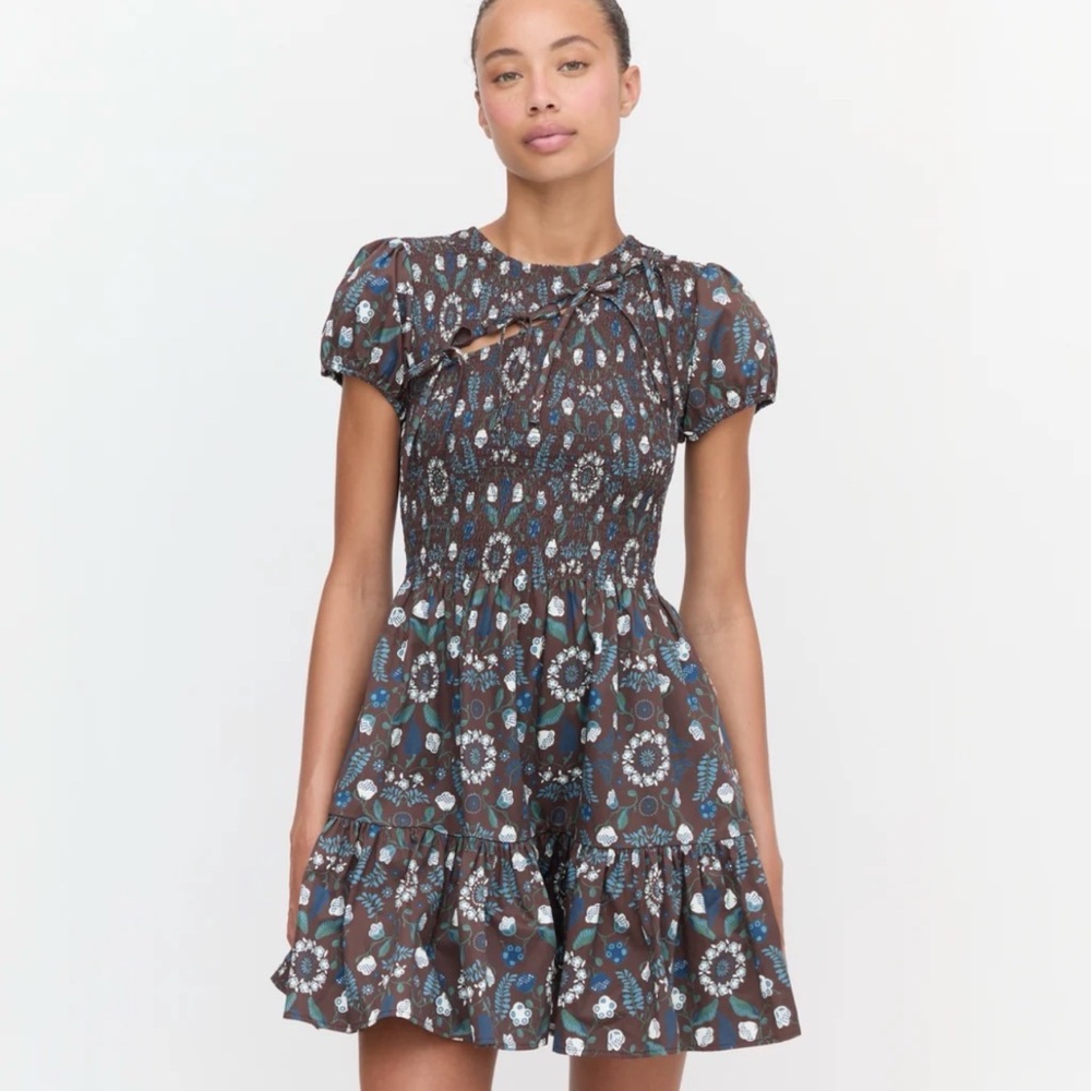 Hill House Floral Tiered Short Dress in Brown and Teal